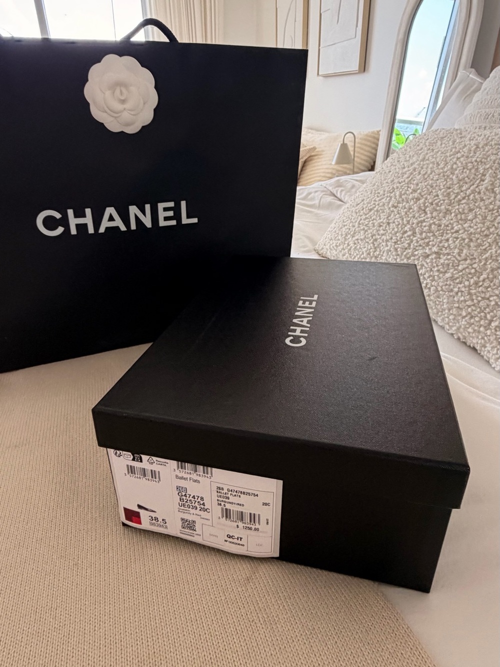 Chanel Ballet Flats Empty Shoe Box + Shopping Bag + Camellia